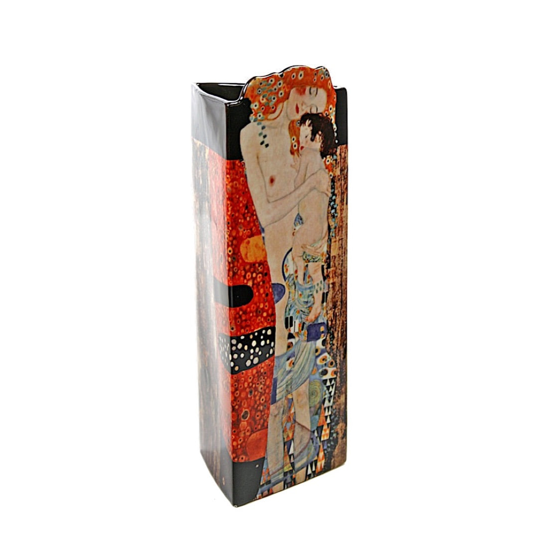 Klimt Three Ages vase featuring red patterned background and gold textures