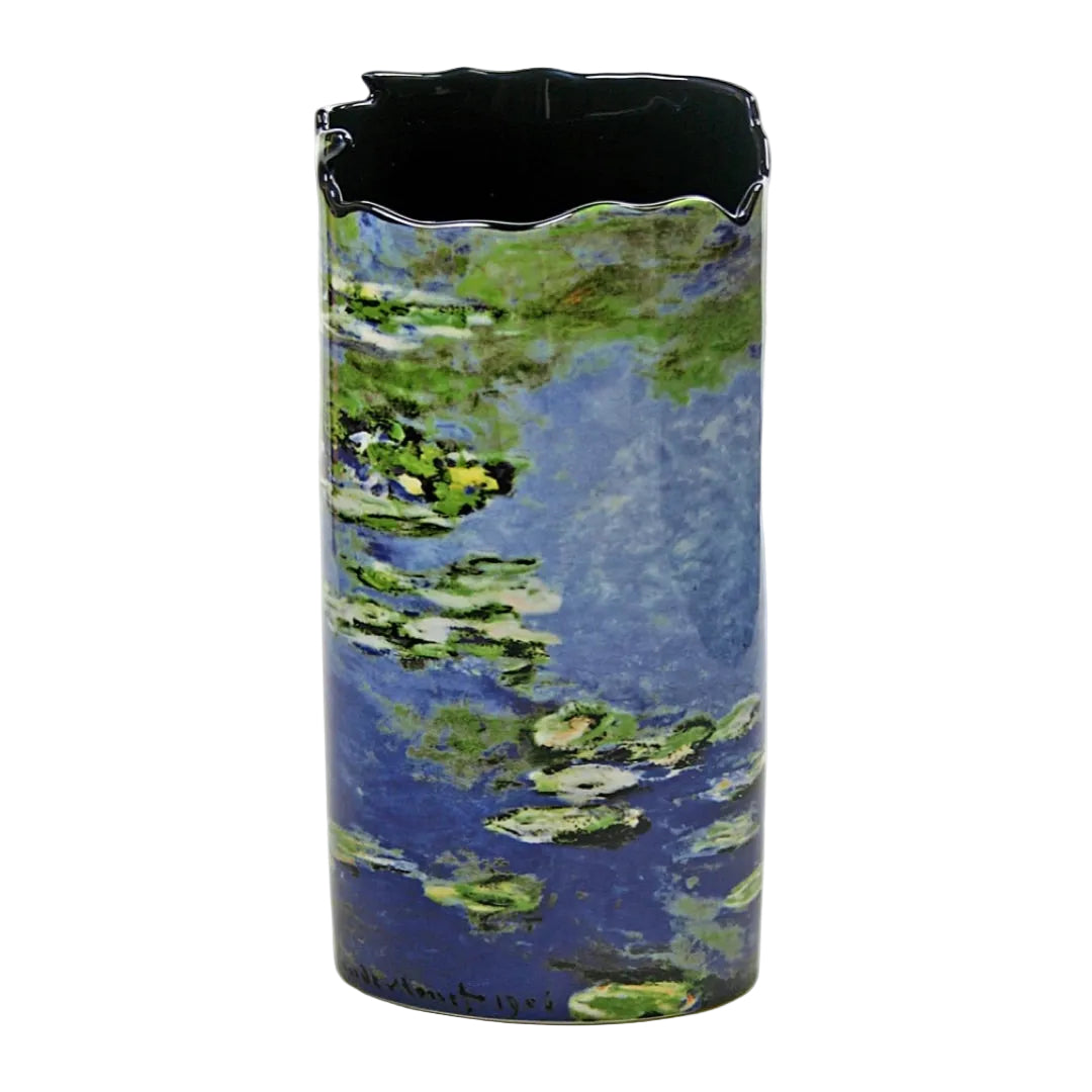 Oval Monet Water Lilies ceramic vase with uneven cut rim and floating lilies design