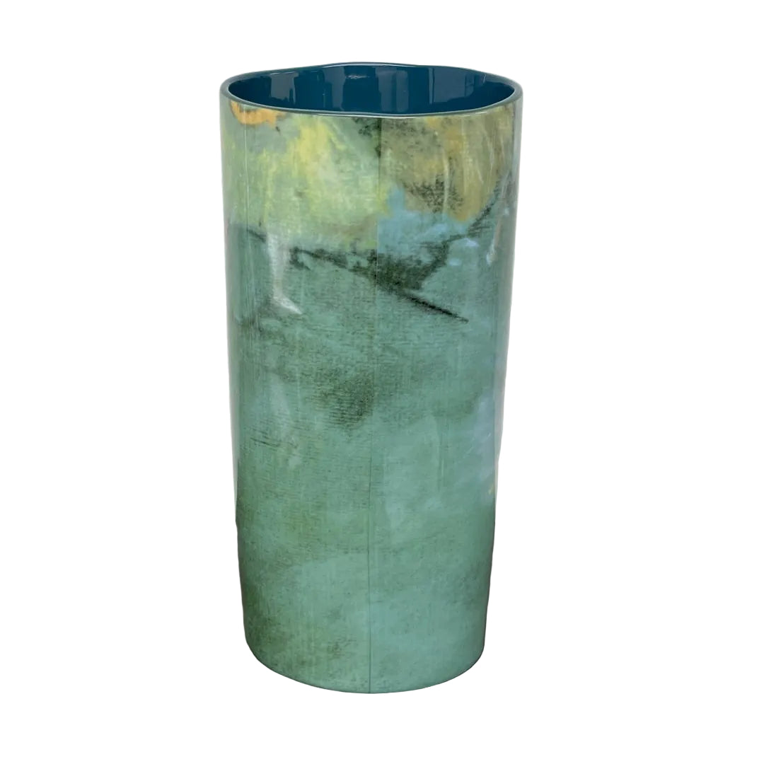 back view Edgar Degas dancer art vase with impressionist brushwork and teal background