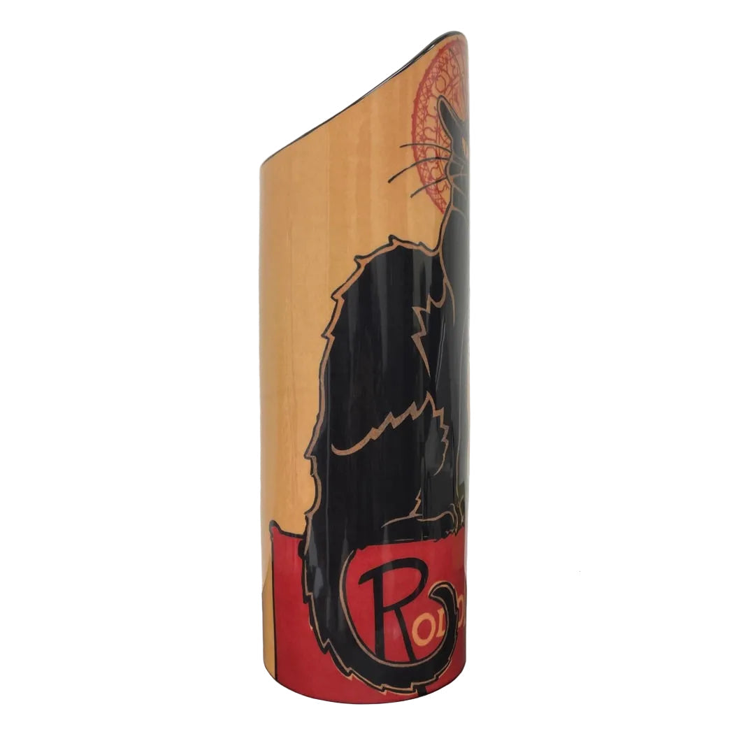 Black cat Chat Noir artwork wrapped around ceramic flower vase