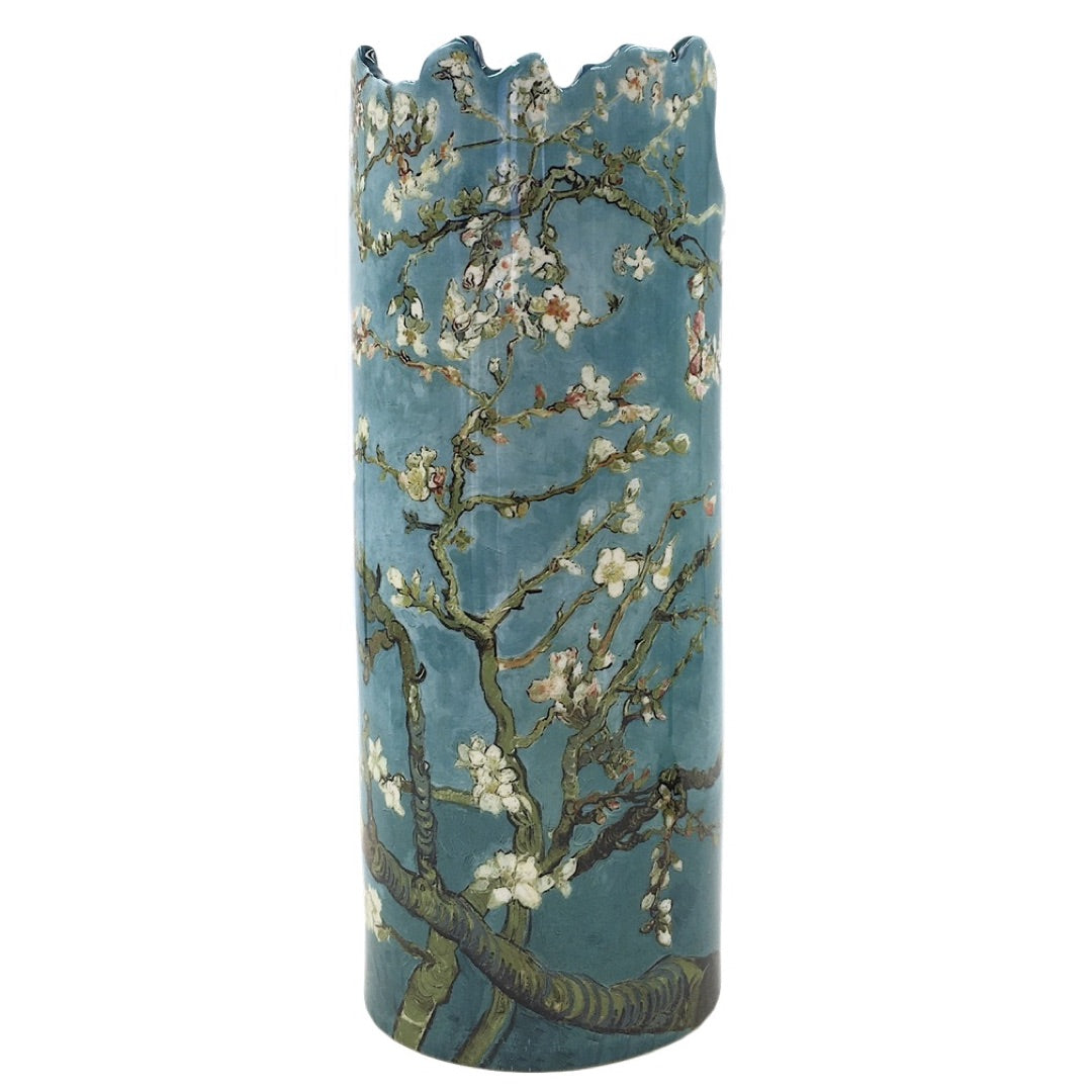 Front view of white almond blossoms on Van Gogh ceramic vase