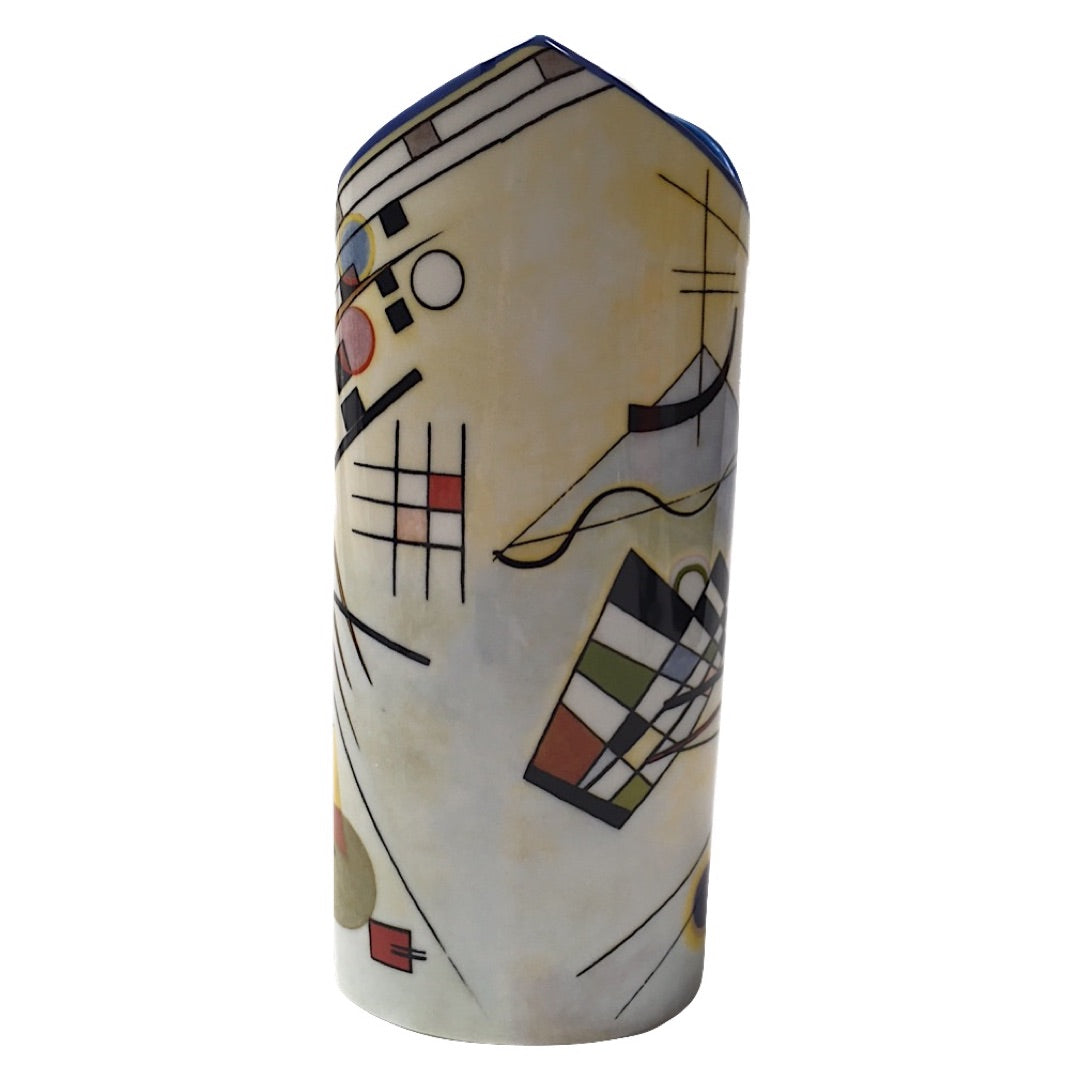 Silhouette d’Art Kandinsky vase featuring circles, grids, and dynamic black lines on cream ceramic