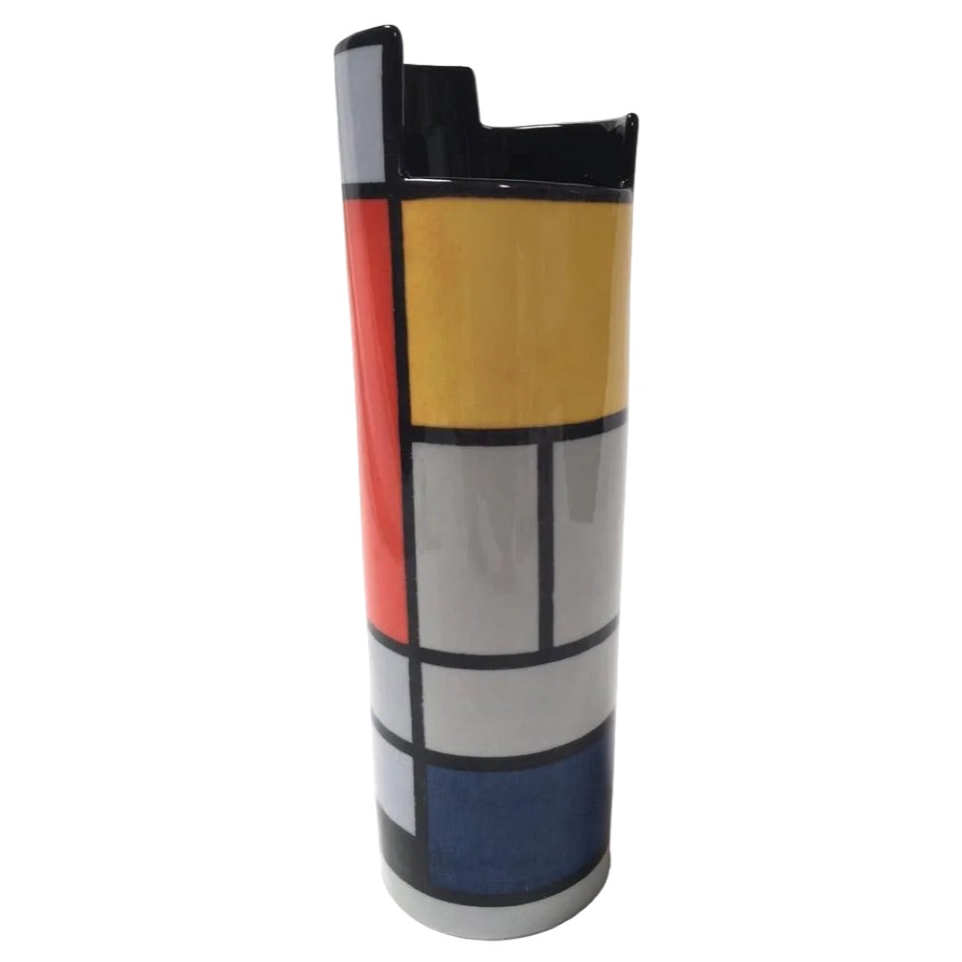 Flower vase with Mondrian-style color block design.