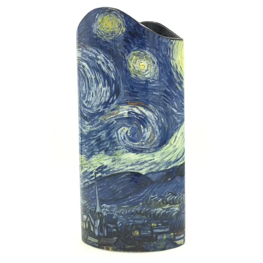 Starry Night museum art vase by Vincent van Gogh with cypress silhouette