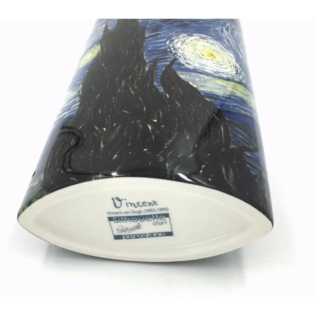 Silhouette d’Art Starry Night vase showing moon, stars, and Saint-Rémy village