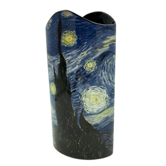 Van Gogh Starry Night ceramic vase with swirling blue sky and village scene