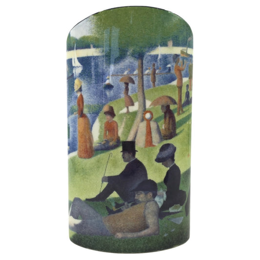 Seurat La Grande Jatte ceramic flower vase with pointillist park scene