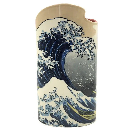 Hokusai Great Wave ceramic vase with Mount Fuji and crashing blue wave