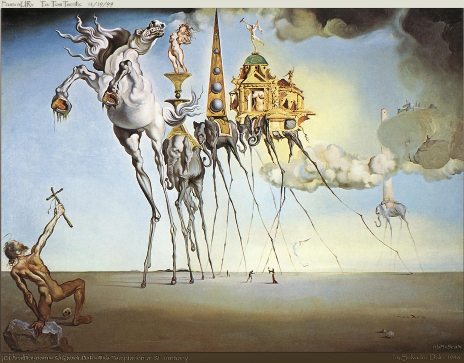 Original painting by Dalí, The Temptation of Saint Anthony, with surreal thin-legged elephants.