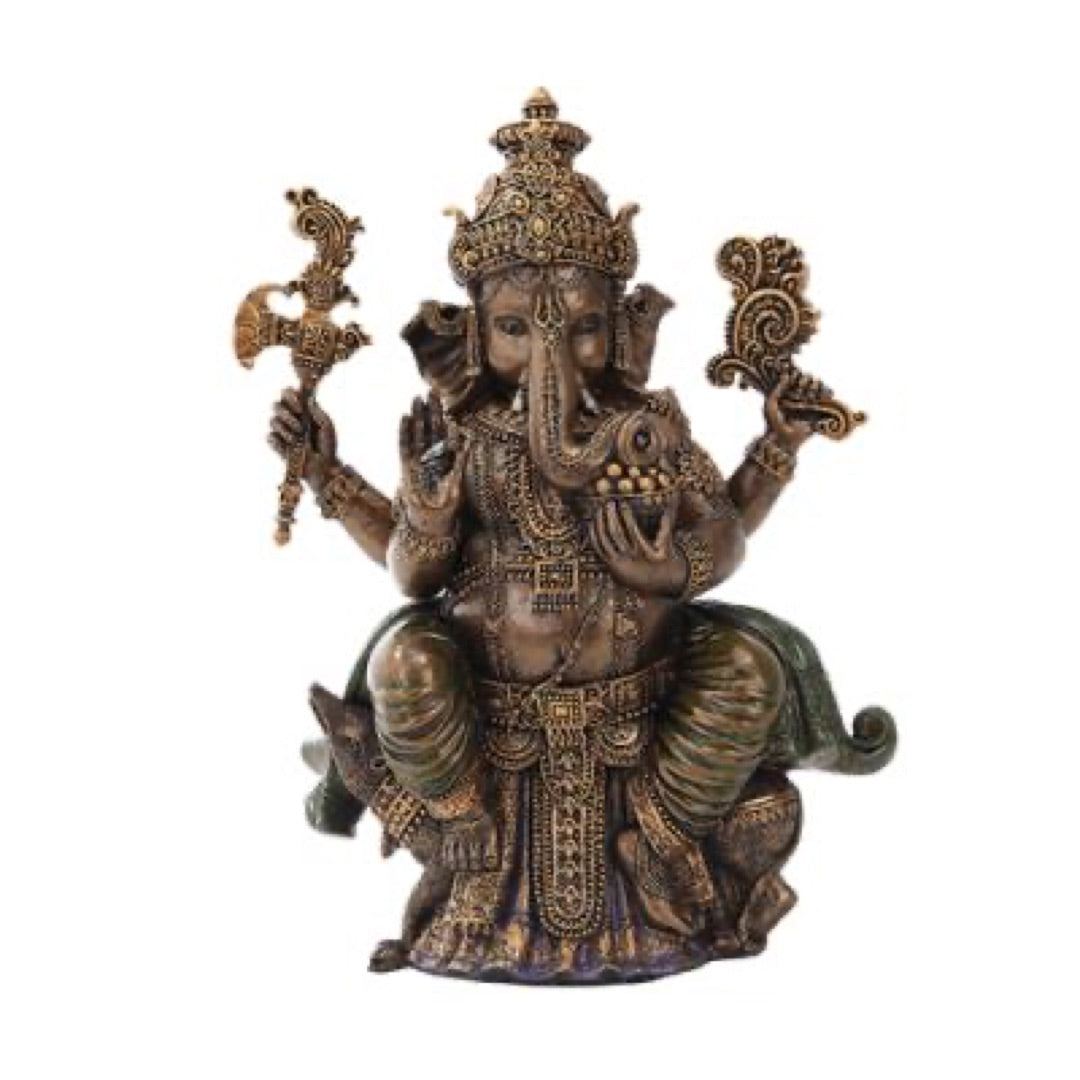 Seated Ganesha statue bronze finish 8 inch Hindu sculpture