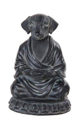 Front view of meditation dog statue seated in Buddha pose with antique grey finish.