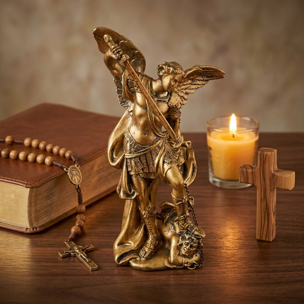 A golden metallic statue of a winged angel holding a sword and shield, standing over a defeated figure.
