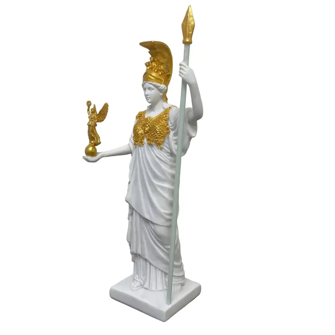 Museum replica of Athena Parthenos showing helmet, shield, draped robes and winged Victory of Samothrace