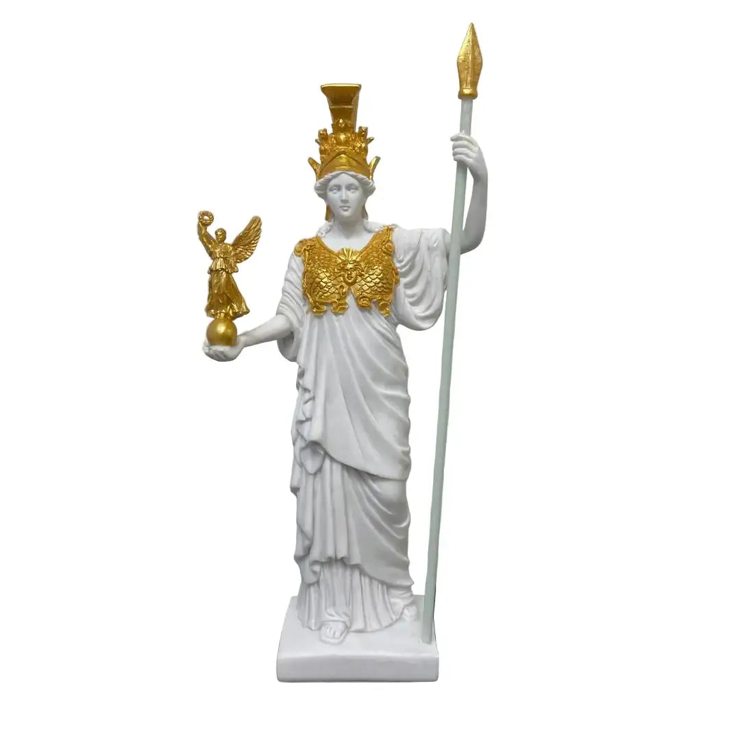 Athena Parthenos statue holding winged Nike figurine and spear staff, Greek goddess museum replica