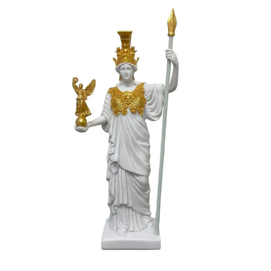 Athena Parthenos statue holding winged Nike figurine and spear staff, Greek goddess museum replica