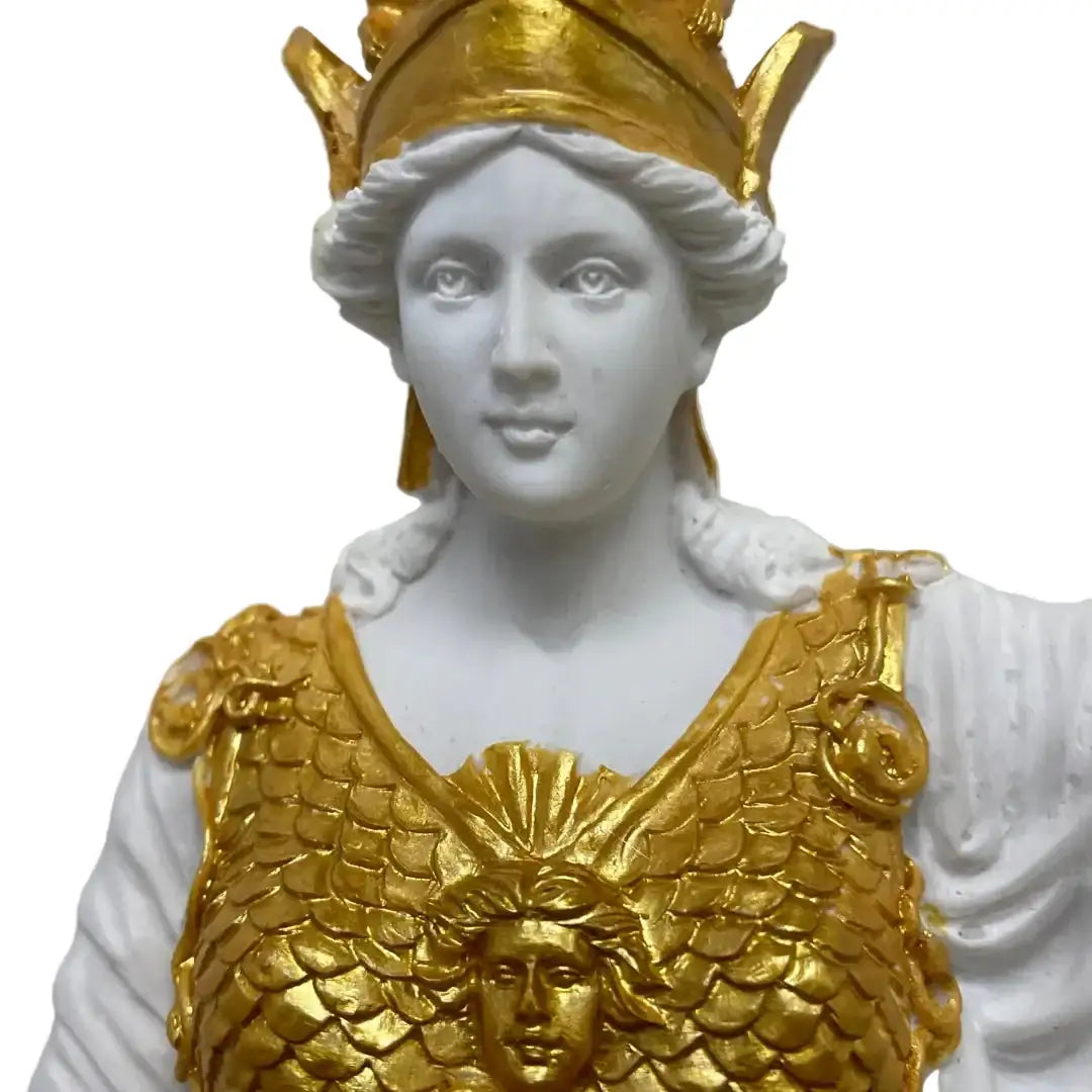 Athena Parthenos Greek goddess statue with Nike in outstretched hand and tall spear, front view