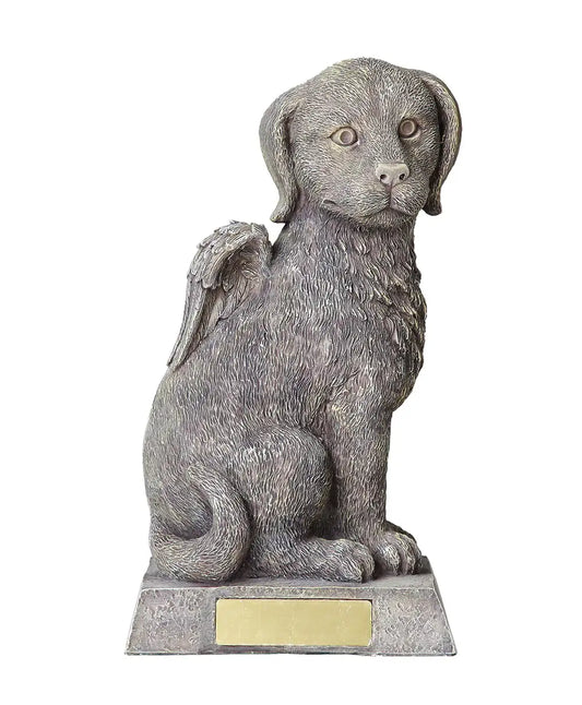 Seated dog urn with angel wings in grey resin and engravable brass plaque on base