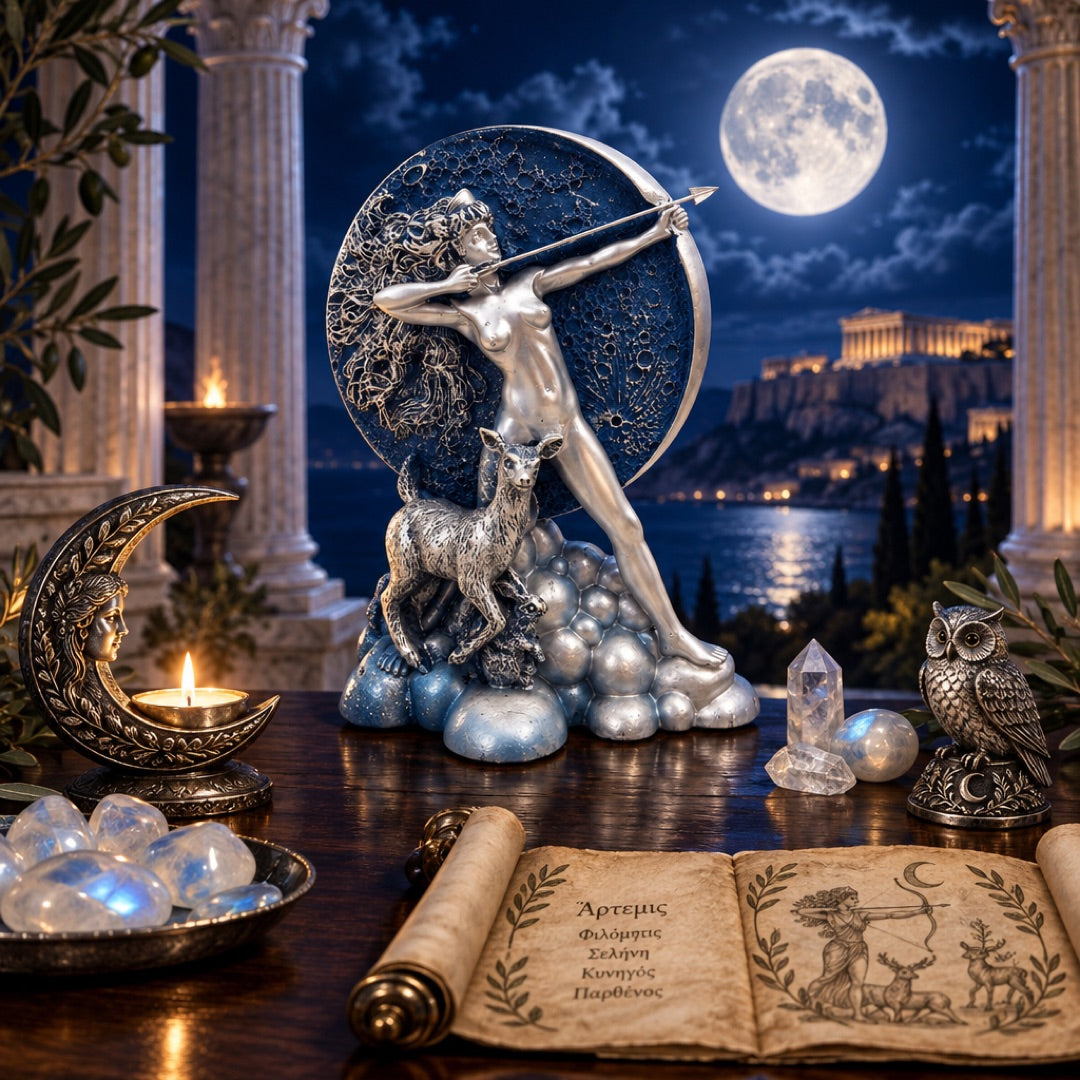 Diana Moon Goddess Shooting Arrow with Blue Moon Statue Figurine 7.5H
