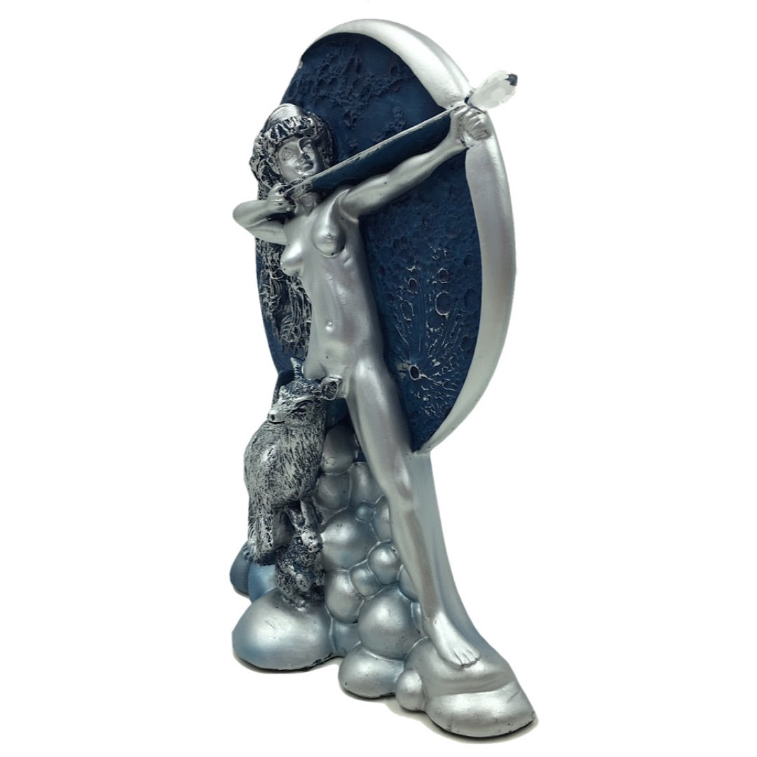 Diana Moon Goddess Shooting Arrow with Blue Moon Statue Figurine 7.5H