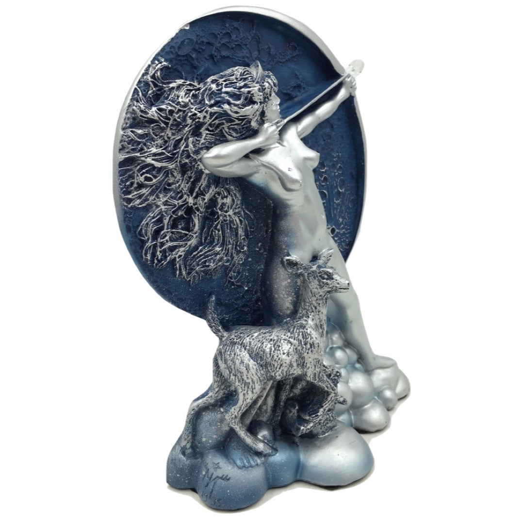 Diana Moon Goddess Shooting Arrow with Blue Moon Statue Figurine 7.5H