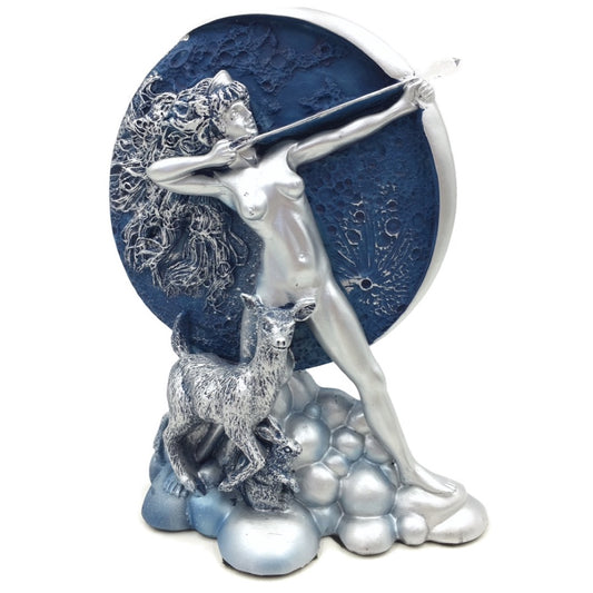 Diana Moon Goddess Shooting Arrow with Blue Moon Statue Figurine 7.5H