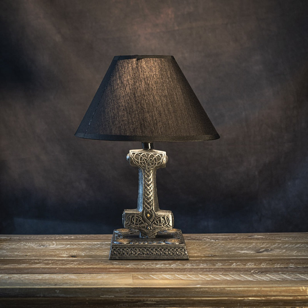 Thor’s Hammer Table Lamp - Mjolnir Norse Celtic Knotwork Design, Silver-Gray Resin, Black Shade