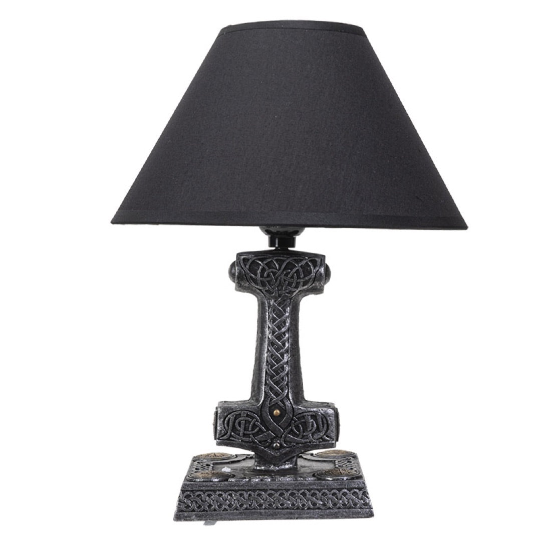 Thor’s Hammer Table Lamp - Mjolnir Norse Celtic Knotwork Design, Silver-Gray Resin, Black Shade