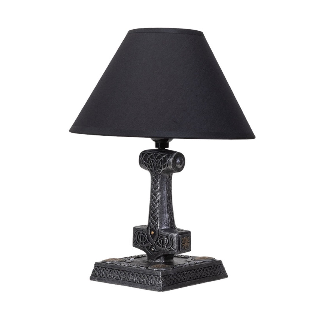 Thor’s Hammer Table Lamp - Mjolnir Norse Celtic Knotwork Design, Silver-Gray Resin, Black Shade