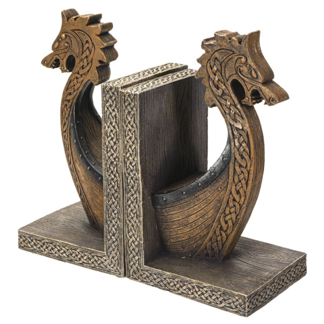 Viking Ship Bookends - Norse Dragon Prow Longship, Celtic Knotwork, Resin, Set of 2