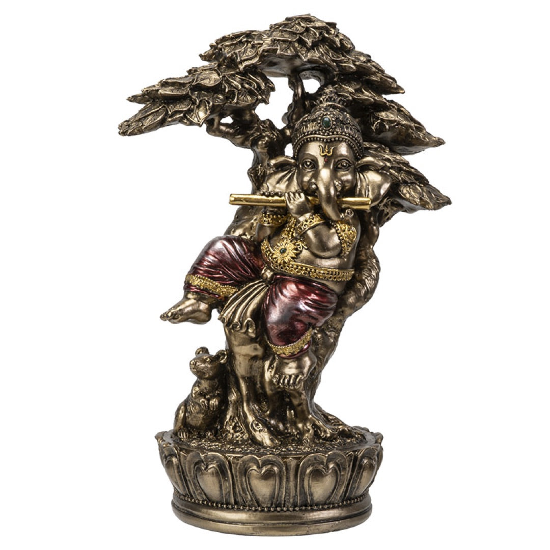 Ganesha Ganesh Playing Music Under Tree Hindu Statue Bronze Finish
