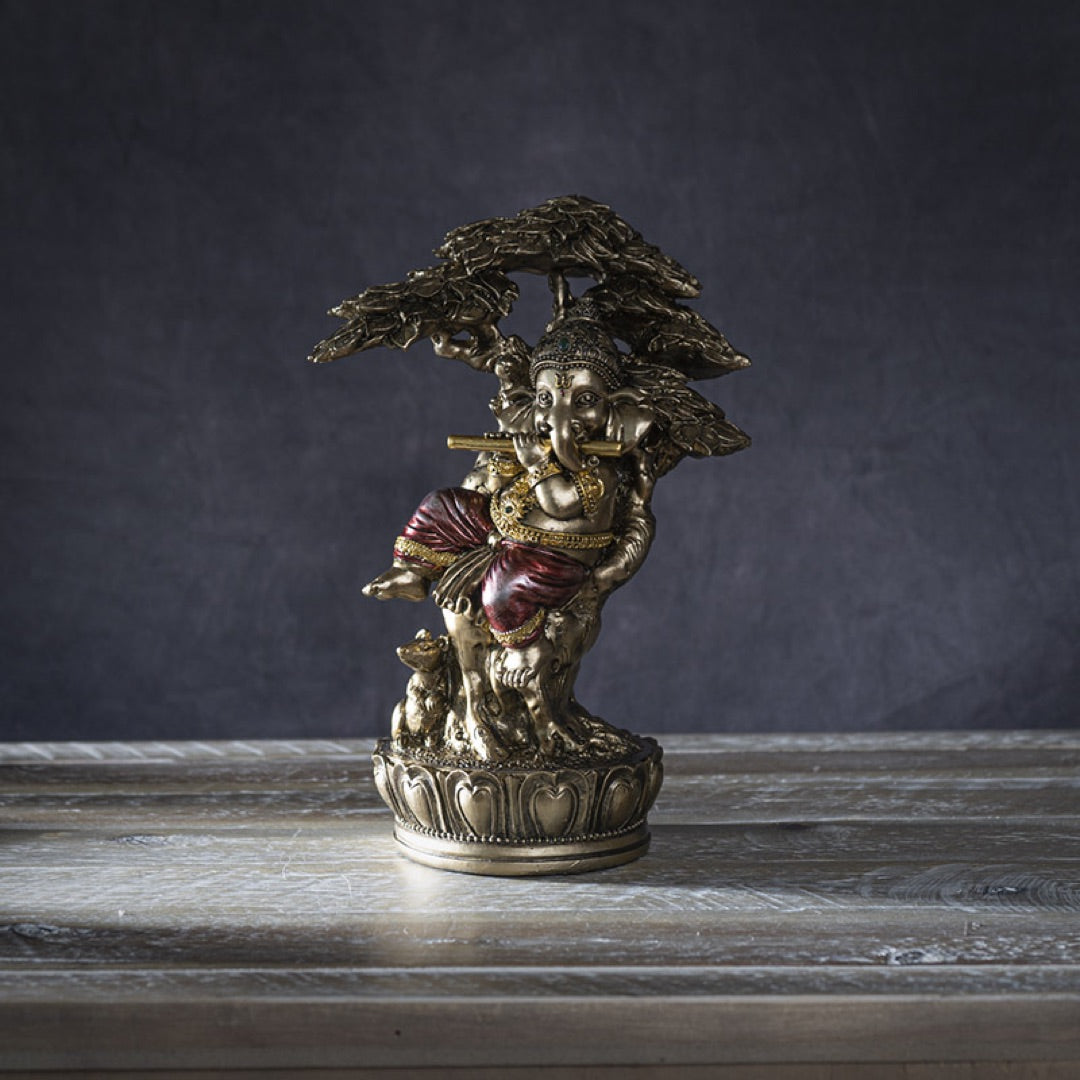 Ganesha Ganesh Playing Music Under Tree Hindu Statue Bronze Finish