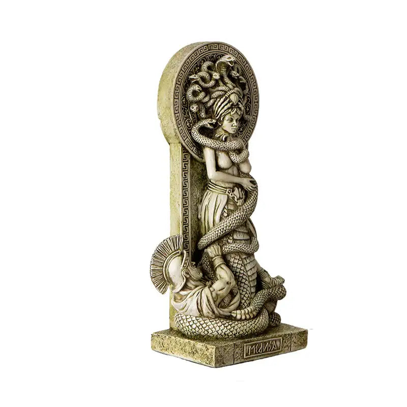 Snake goddess style Medusa sculpture with coiled body and hero figure