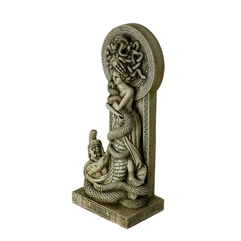 Antique finish Medusa and hero statue inspired by Greek mythology