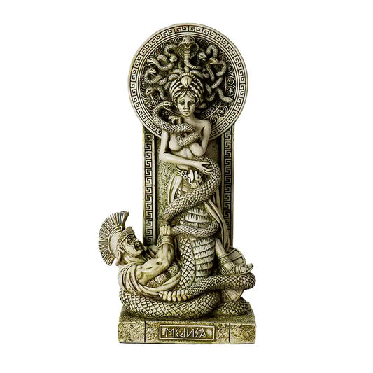 Medusa and Greek hero desk figurine with snake body and antique finish