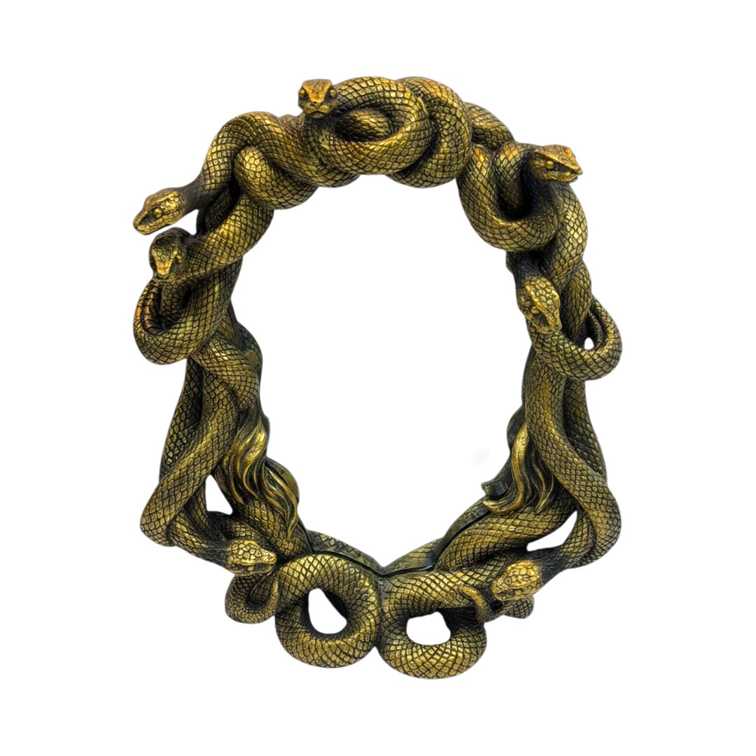 Medusa Snake Golden Wall Mirror - Medusa Gaze Mirror, Gorgon Serpent Frame, Antiqued Gold Resin