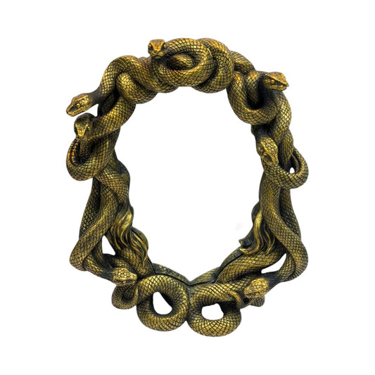 Medusa Snake Golden Wall Mirror - Medusa Gaze Mirror, Gorgon Serpent Frame, Antiqued Gold Resin