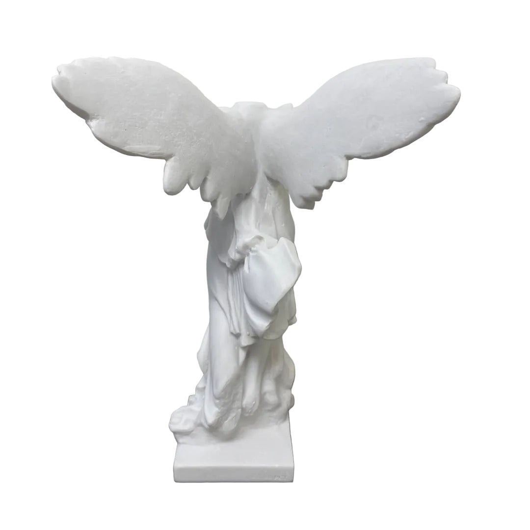 Back view Nike Winged Victory statue on display, white resin Greek goddess figurine, Museumize museum replica