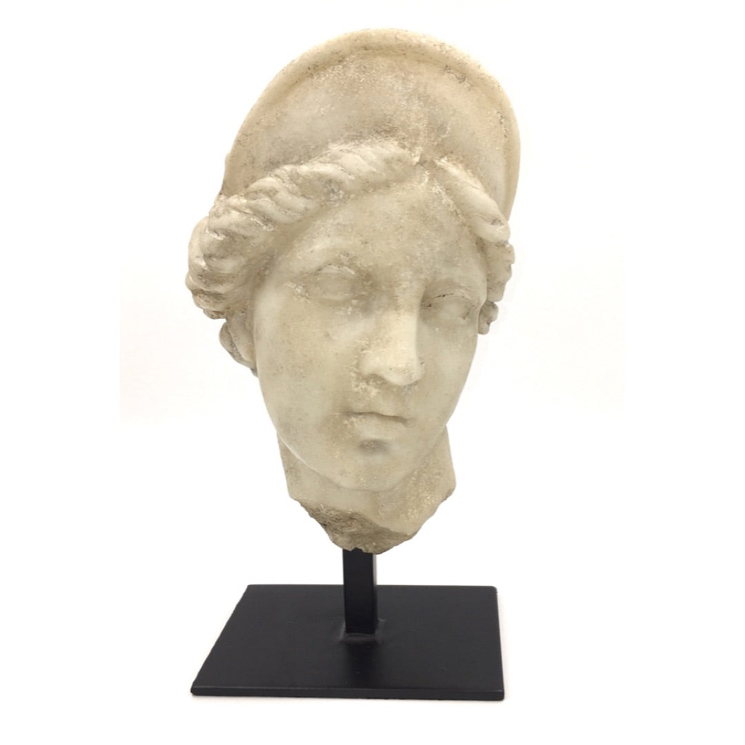 Greek goddess Aphrodite classical maiden bust with averted gaze, ancient marble replica, front view