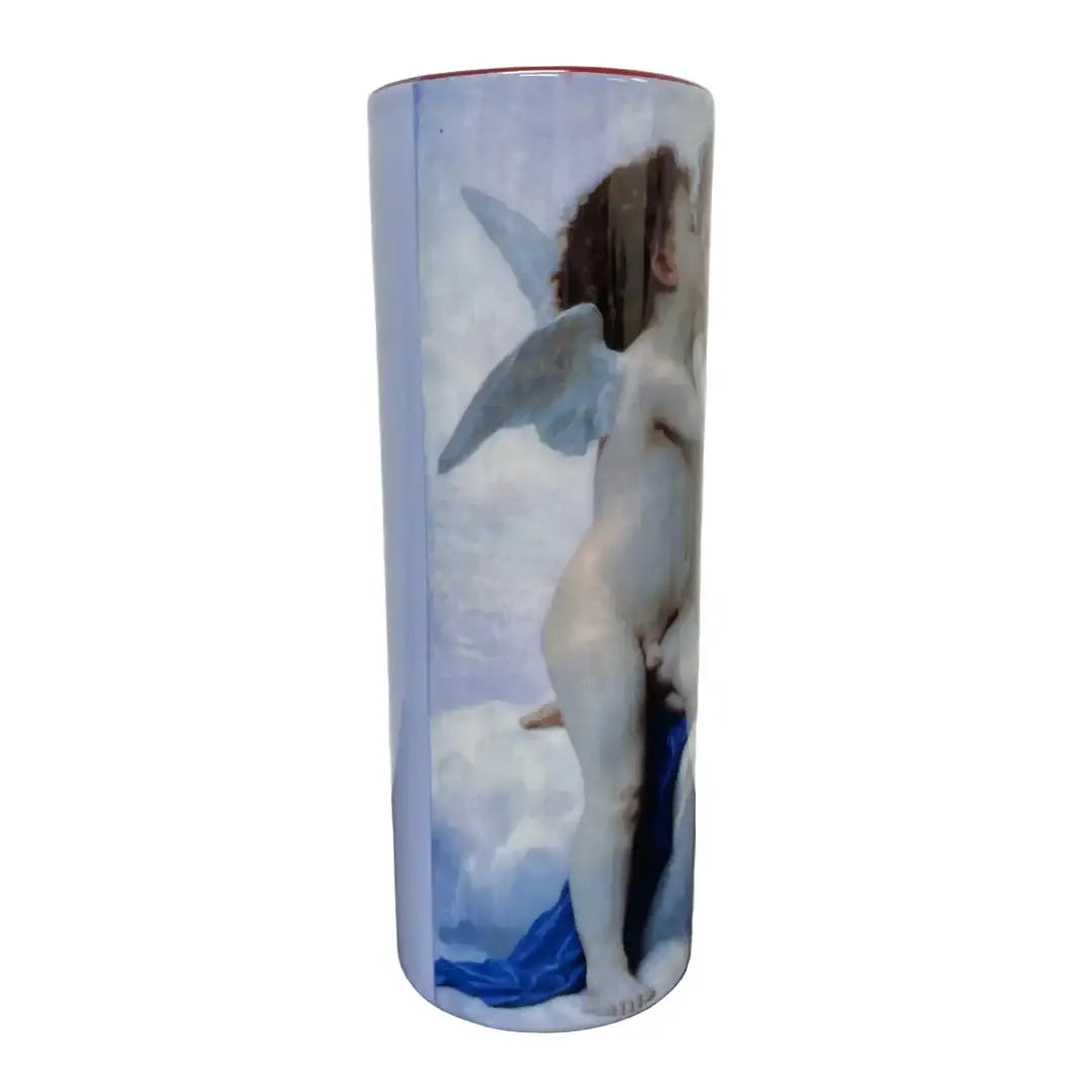 Fine art ceramic flower vase with kissing cherubs on cloud background