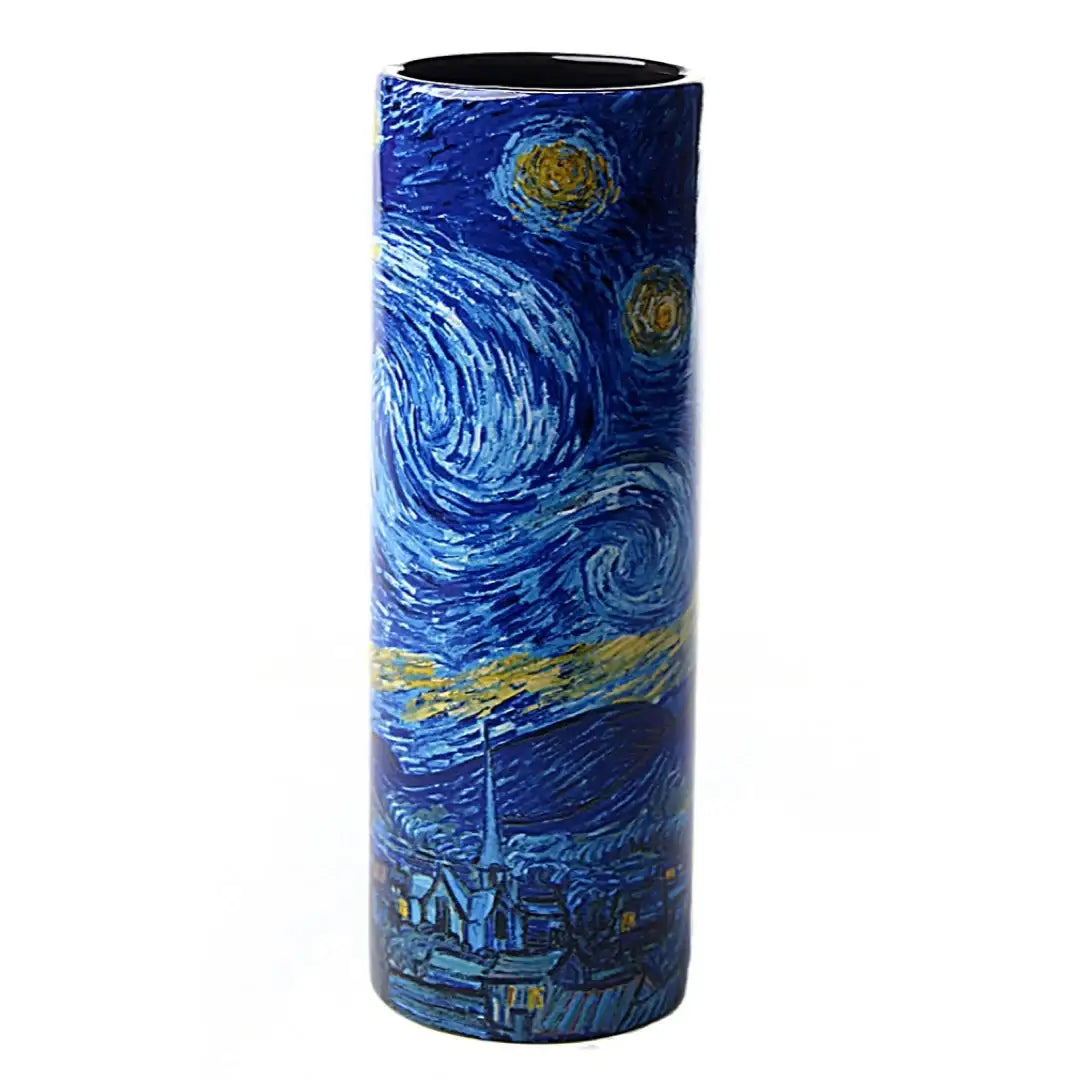 Impressionist art vase with The Starry Night design in deep cobalt and yellow