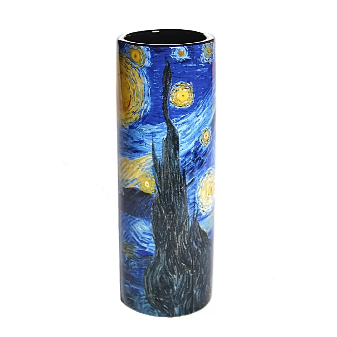 Ceramic flower vase featuring Van Gogh Starry Night with cypress silhouette