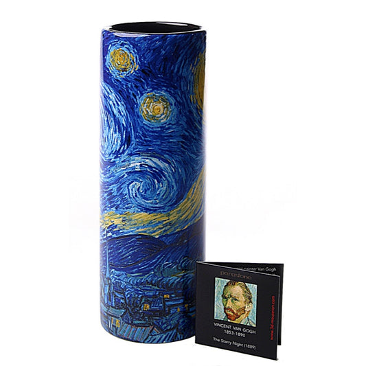 Van Gogh Starry Night ceramic art vase with swirling blue sky and golden stars