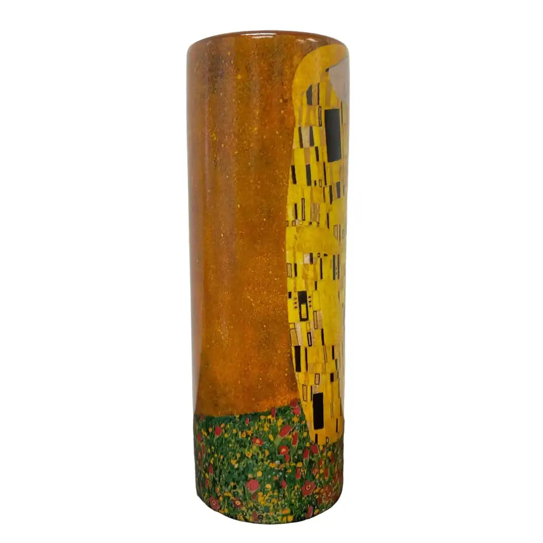 side view Cylindrical ceramic vase inspired by Gustav Klimt The Kiss