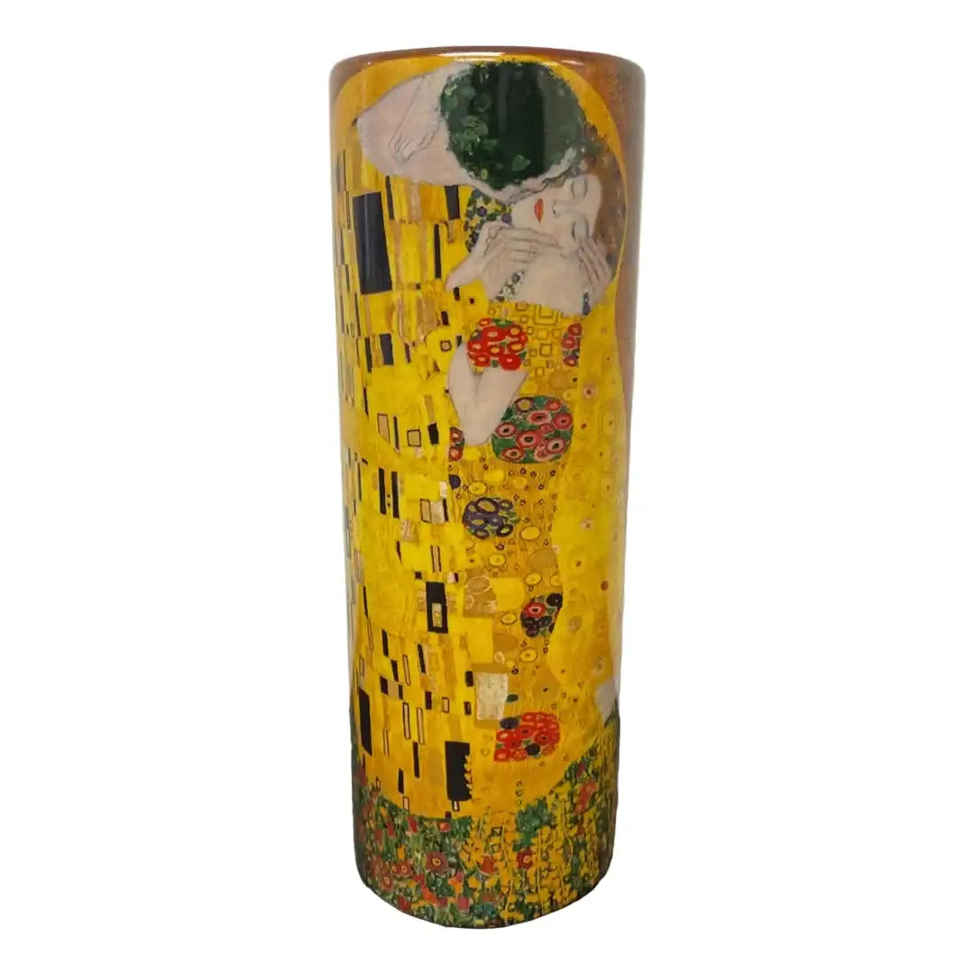 Klimt The Kiss art vase featuring embracing couple in gold tones