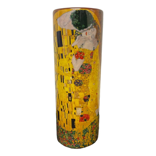 Klimt The Kiss art vase featuring embracing couple in gold tones