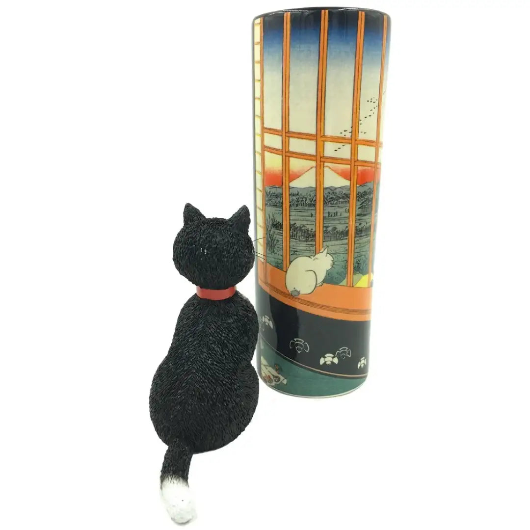Japanese ukiyo-e style vase with cat looking at Mount Fuji sunset
