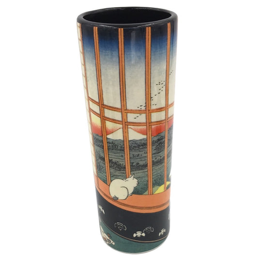Hiroshige Cat Viewing Mount Fuji ceramic vase with shoji window design