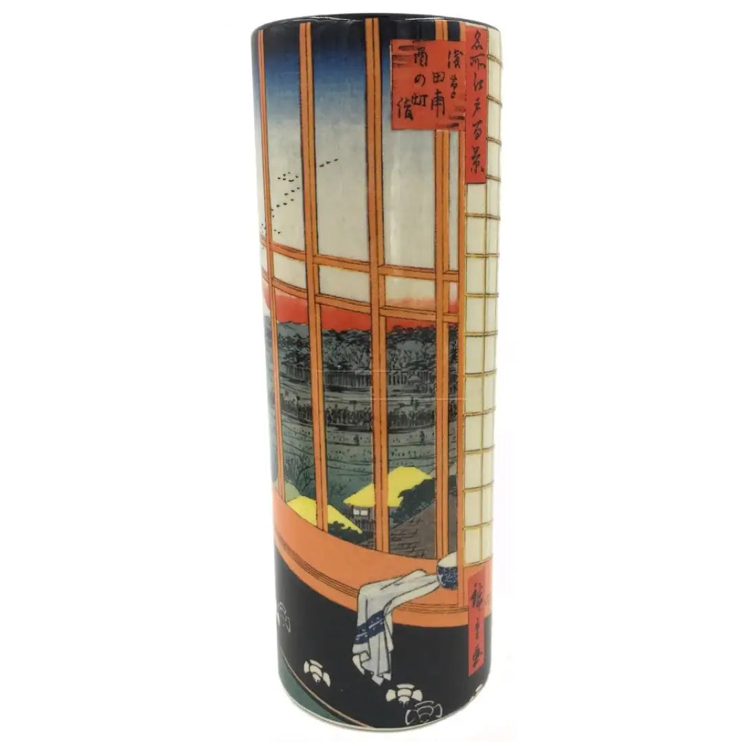 Hiroshige inspired Japanese art vase with interior scene and Fuji view