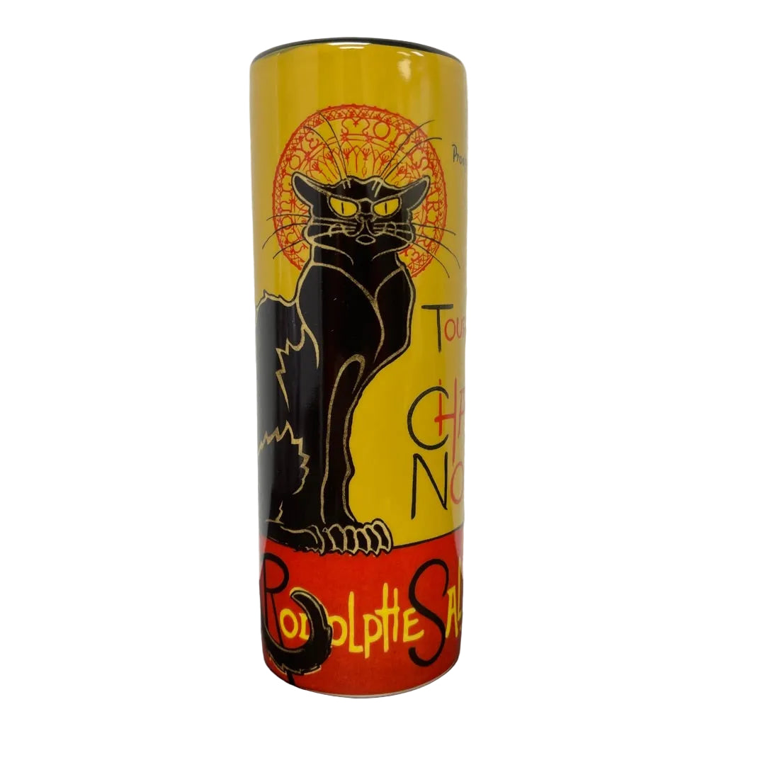 Steinlen Chat Noir ceramic art vase with iconic black cat on yellow background