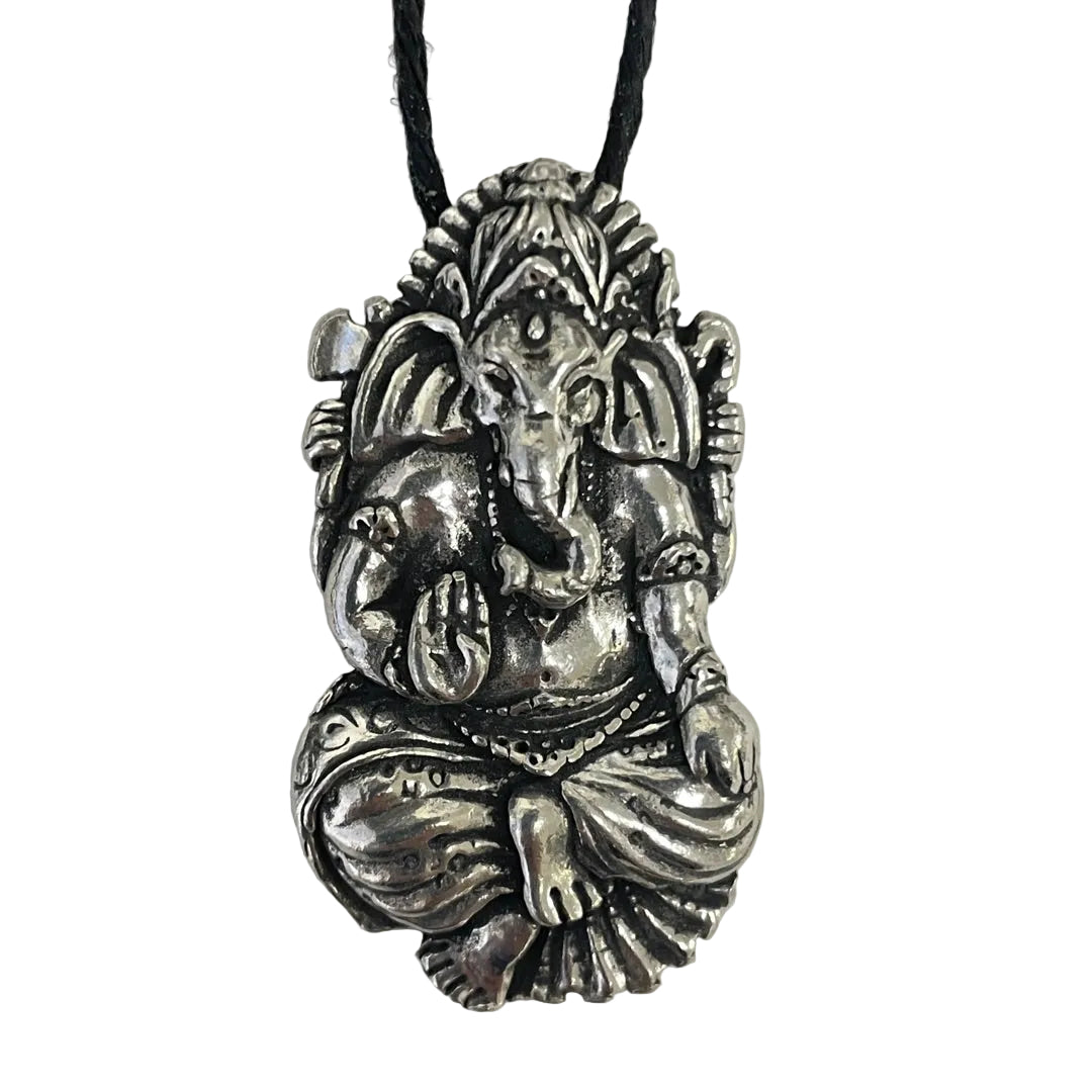 A detailed silver-toned Ganesha pendant on a black cord